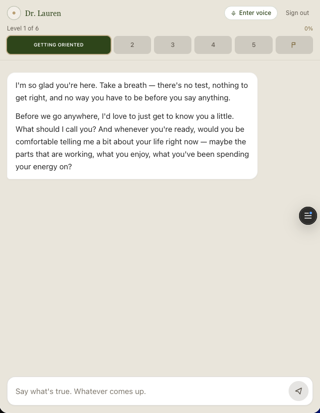 The Dr. Lauren discovery chat with the visible journey meter